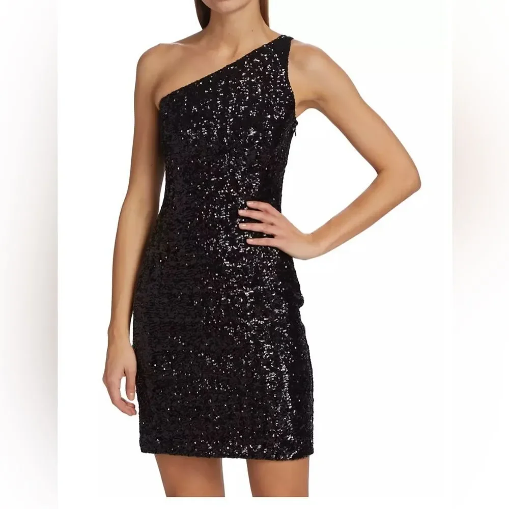 Micheal Kors black sequin one shoulder sleeveless zip up mini dress